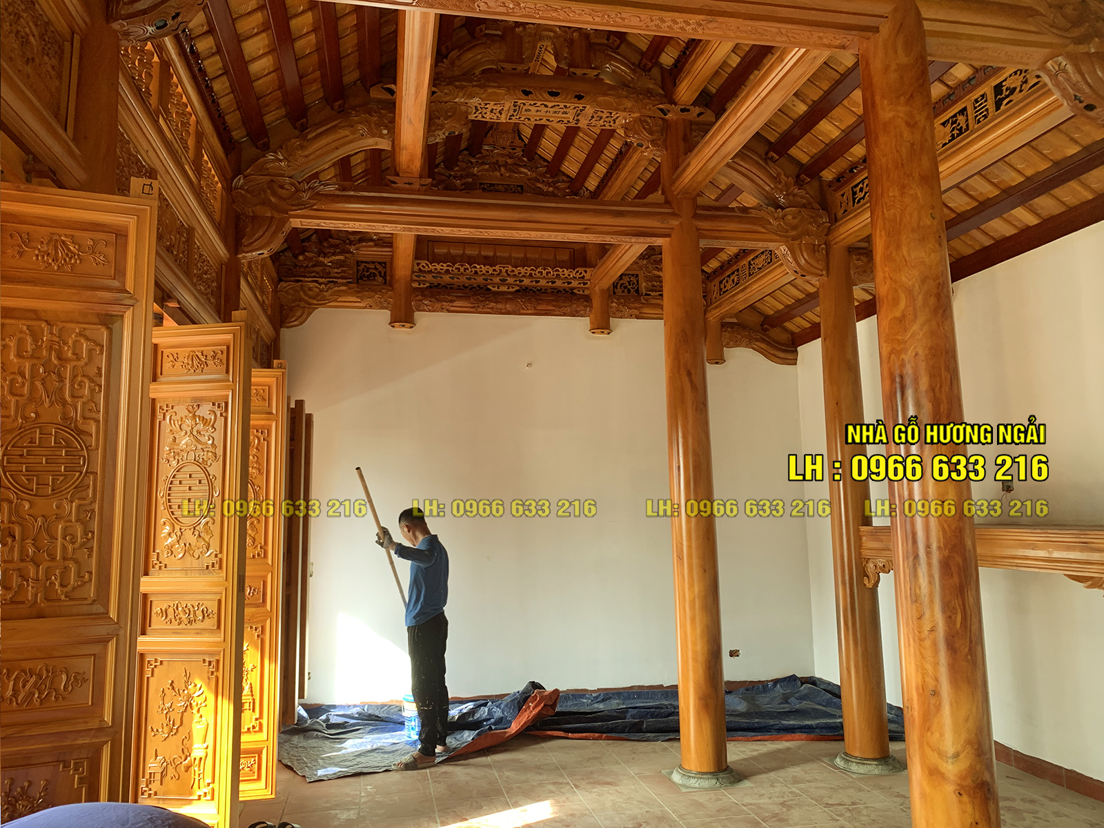 Jackfruit wooden house with 3 rooms and 12 columns